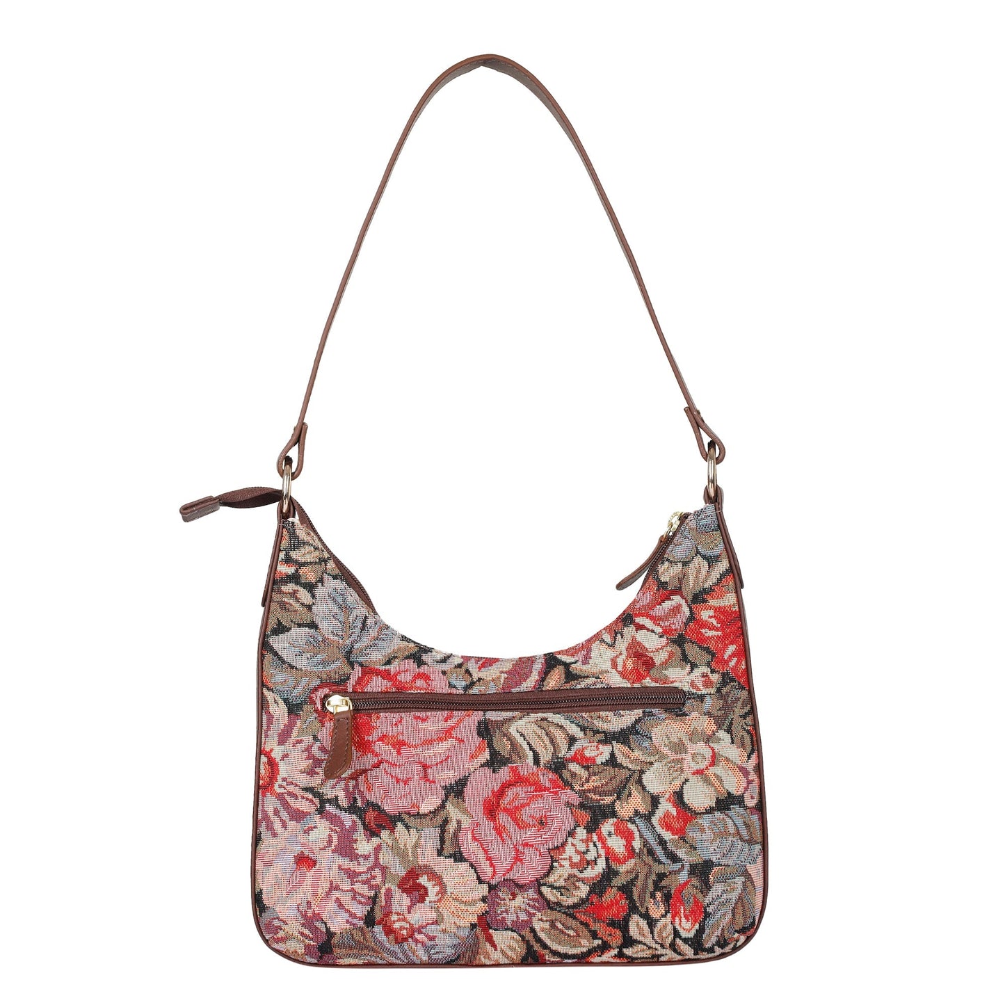 Ladies Hobo Bag in Floral Design Tapestry Fabric | Genuine Leather-Trimmed Shoulder Satchel with Leather Strap for Everyday Use