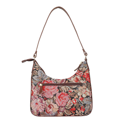 Ladies Hobo Bag in Floral Design Tapestry Fabric | Genuine Leather-Trimmed Shoulder Satchel with Leather Strap for Everyday Use