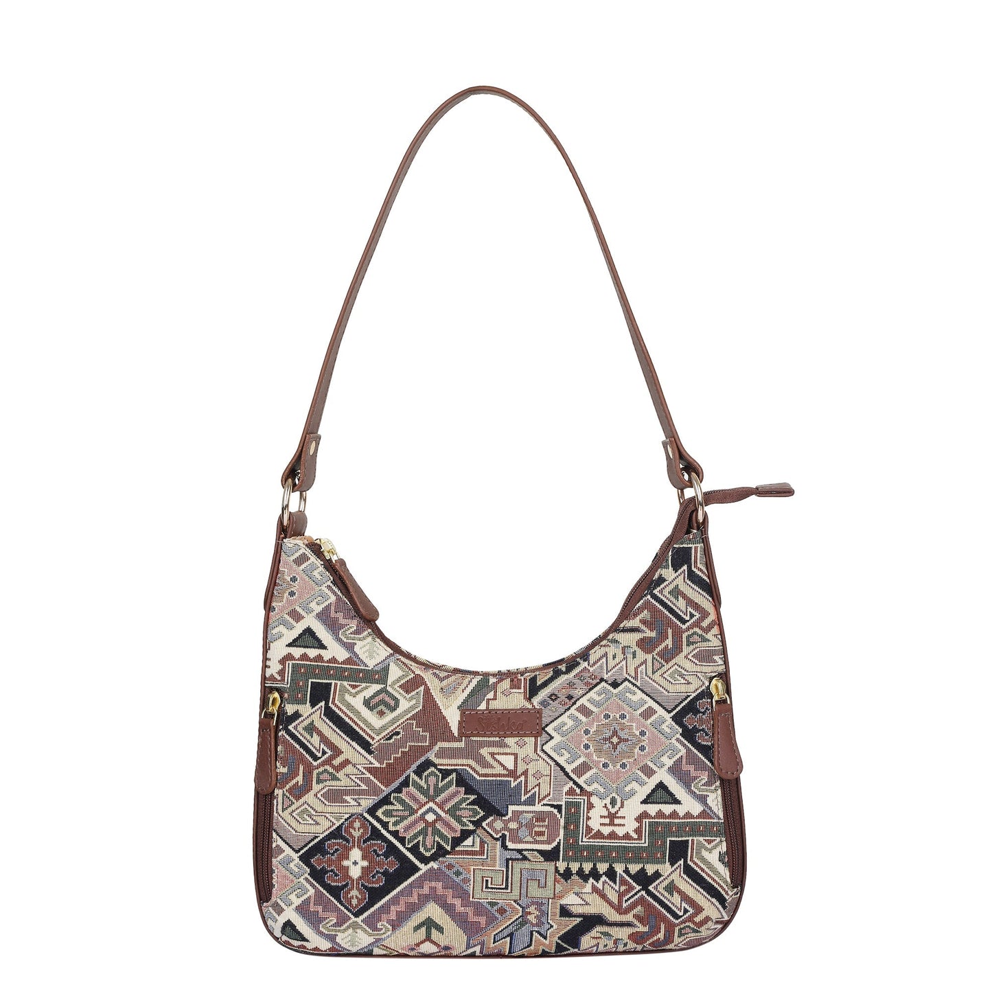 Geometric Pattern Tapestry Hobo Bag For Ladies| Stylish GenuineLeather-Trimmed Shoulder & Satchel Bag with Leather Strap