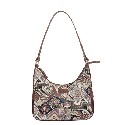 Geometric Pattern Tapestry Hobo Bag For Ladies| Stylish GenuineLeather-Trimmed Shoulder & Satchel Bag with Leather Strap
