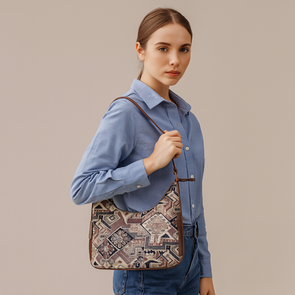 Geometric Pattern Tapestry Hobo Bag For Ladies| Stylish GenuineLeather-Trimmed Shoulder & Satchel Bag with Leather Strap