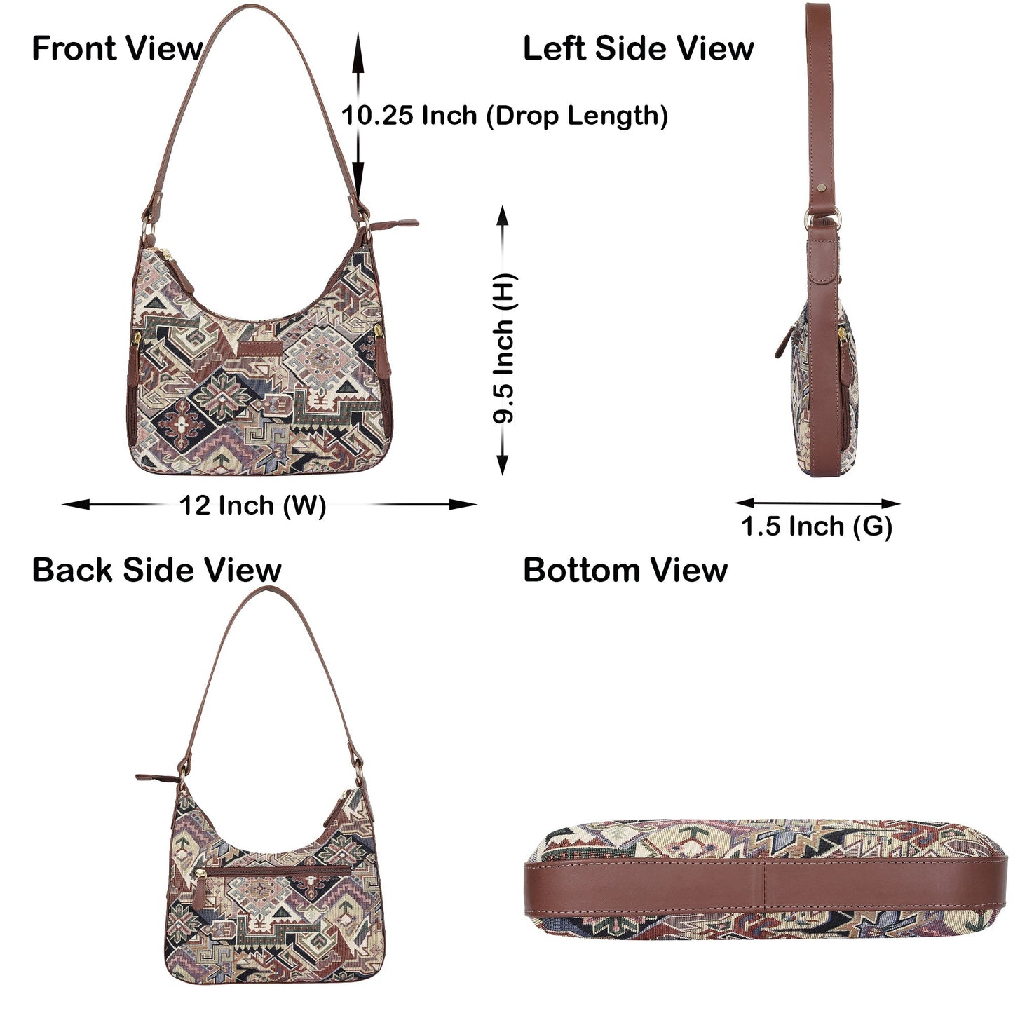 Geometric Pattern Tapestry Hobo Bag For Ladies| Stylish GenuineLeather-Trimmed Shoulder & Satchel Bag with Leather Strap