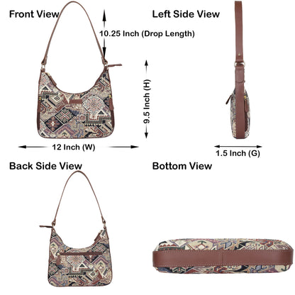Geometric Pattern Tapestry Hobo Bag For Ladies| Stylish GenuineLeather-Trimmed Shoulder & Satchel Bag with Leather Strap