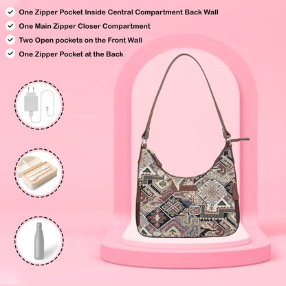 Geometric Pattern Tapestry Hobo Bag For Ladies| Stylish GenuineLeather-Trimmed Shoulder & Satchel Bag with Leather Strap