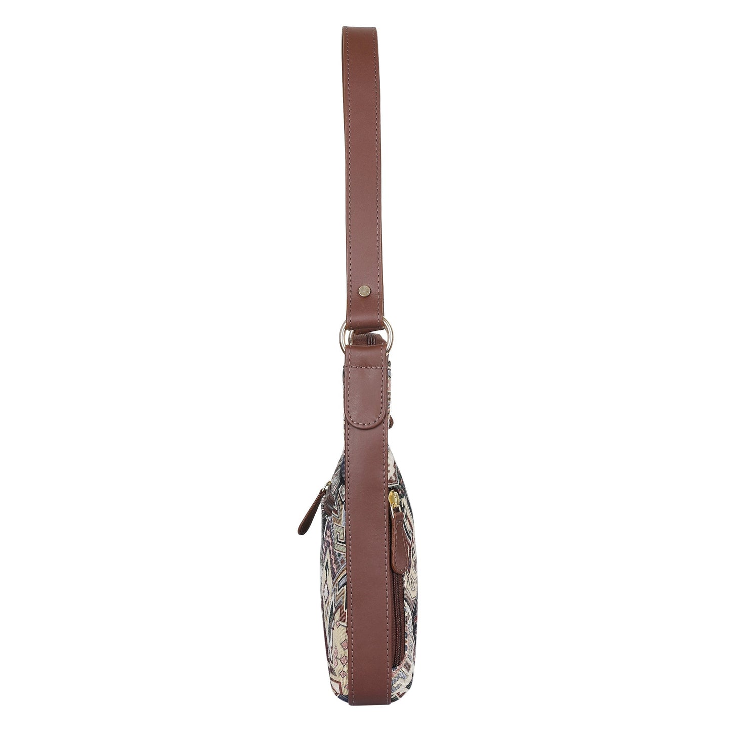 Geometric Pattern Tapestry Hobo Bag For Ladies| Stylish GenuineLeather-Trimmed Shoulder & Satchel Bag with Leather Strap