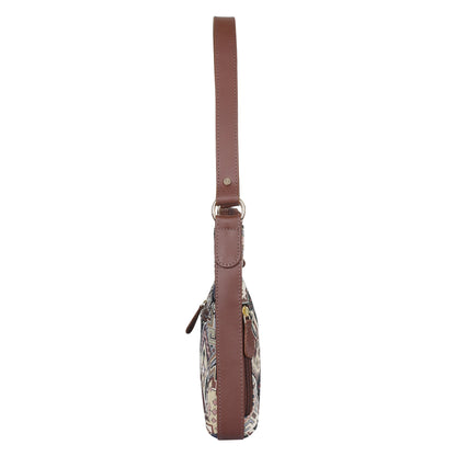 Geometric Pattern Tapestry Hobo Bag For Ladies| Stylish GenuineLeather-Trimmed Shoulder & Satchel Bag with Leather Strap
