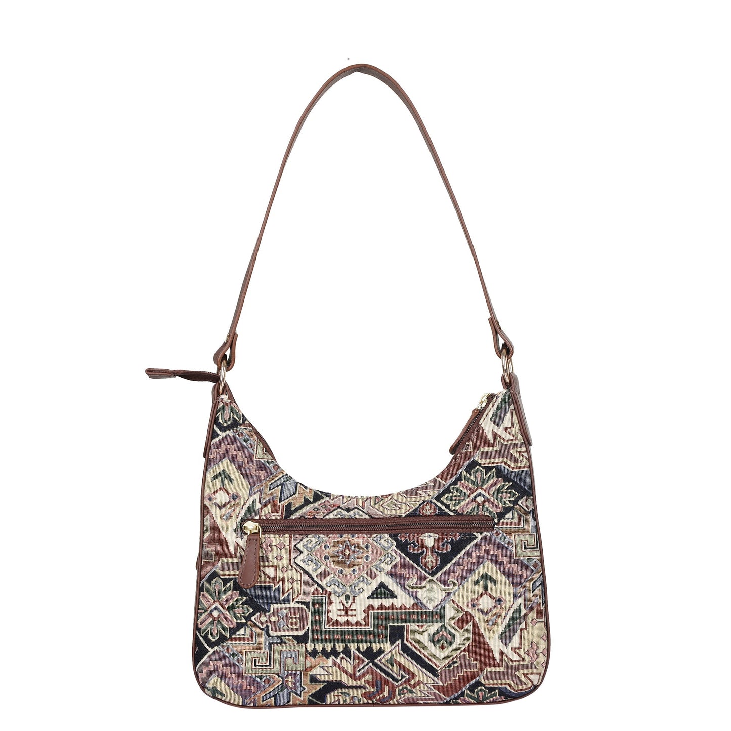 Geometric Pattern Tapestry Hobo Bag For Ladies| Stylish GenuineLeather-Trimmed Shoulder & Satchel Bag with Leather Strap