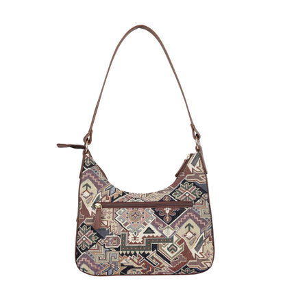Geometric Pattern Tapestry Hobo Bag For Ladies| Stylish GenuineLeather-Trimmed Shoulder & Satchel Bag with Leather Strap