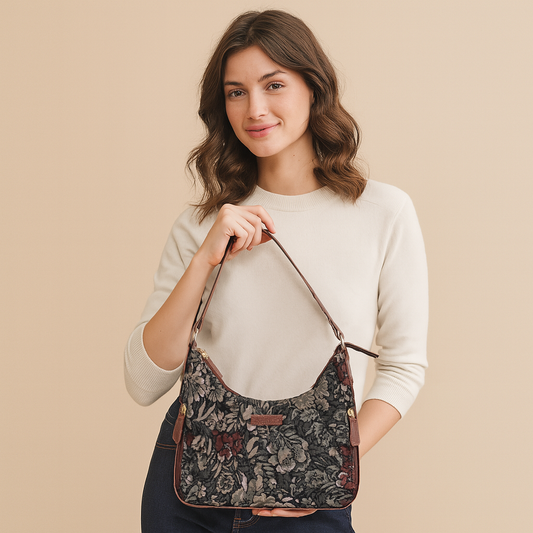 Women's Hobo Bag in Tapestry Vintage Pattern Fabric | Shoulder & Sling Purse with Genuine Leather Strap for Daily Use