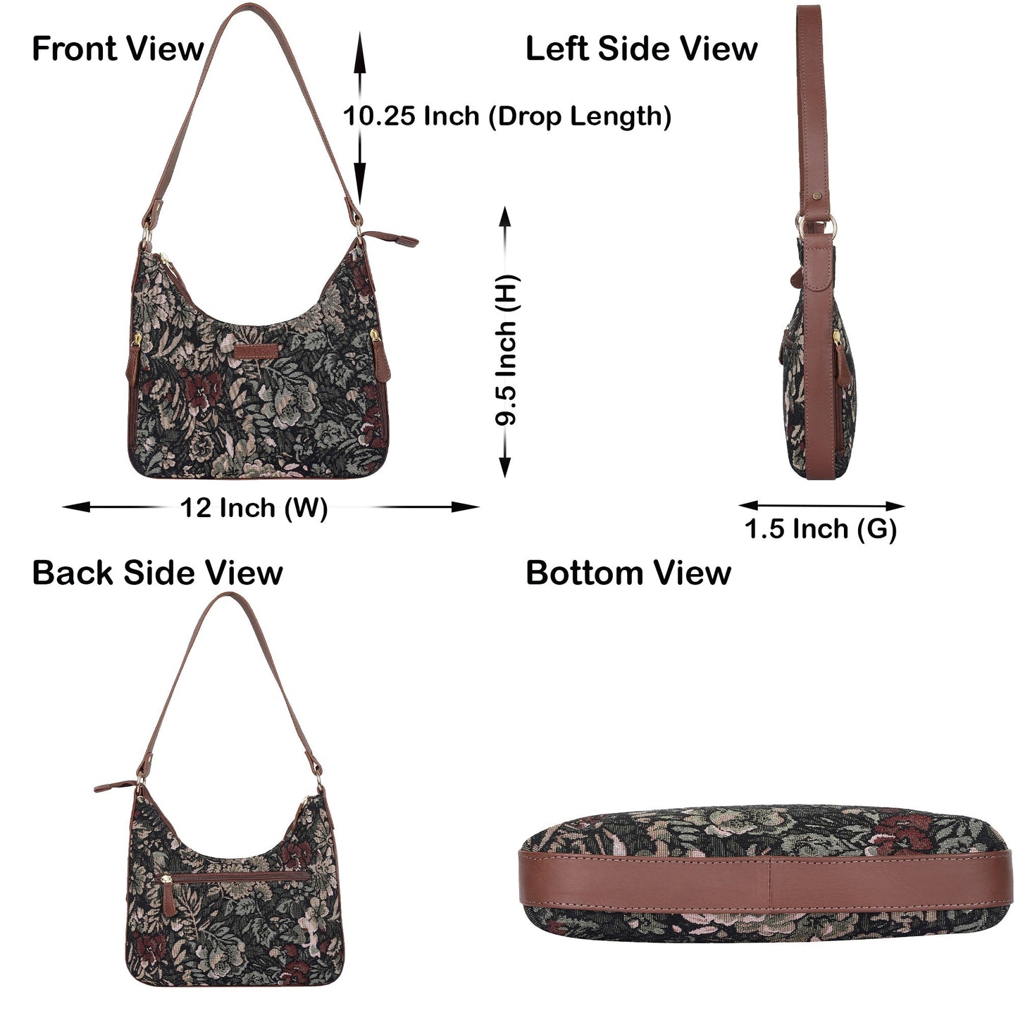 Women's Hobo Bag in Tapestry Vintage Pattern Fabric | Shoulder & Sling Purse with Genuine Leather Strap for Daily Use