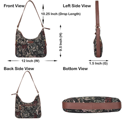 Women's Hobo Bag in Tapestry Vintage Pattern Fabric | Shoulder & Sling Purse with Genuine Leather Strap for Daily Use