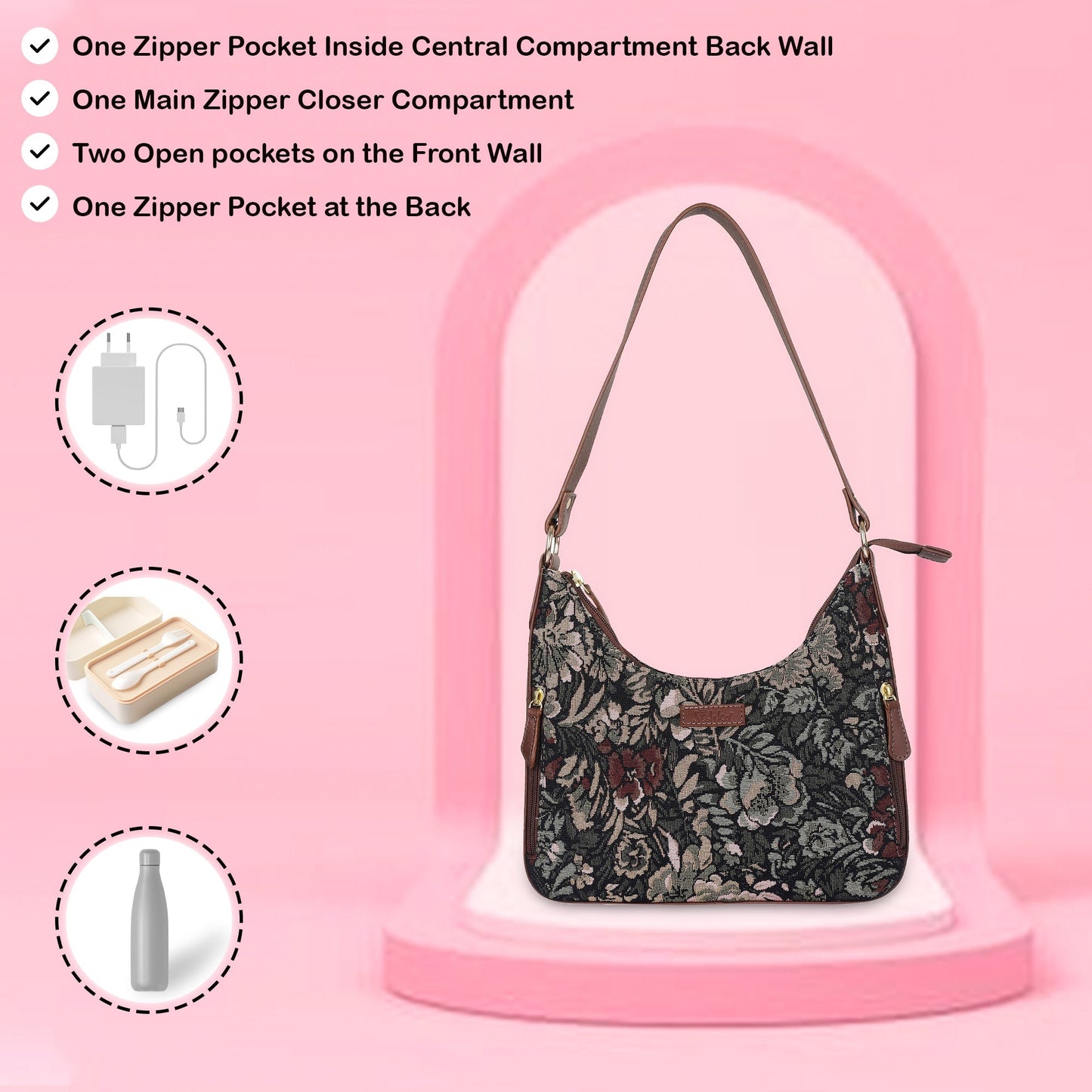 Women's Hobo Bag in Tapestry Vintage Pattern Fabric | Shoulder & Sling Purse with Genuine Leather Strap for Daily Use