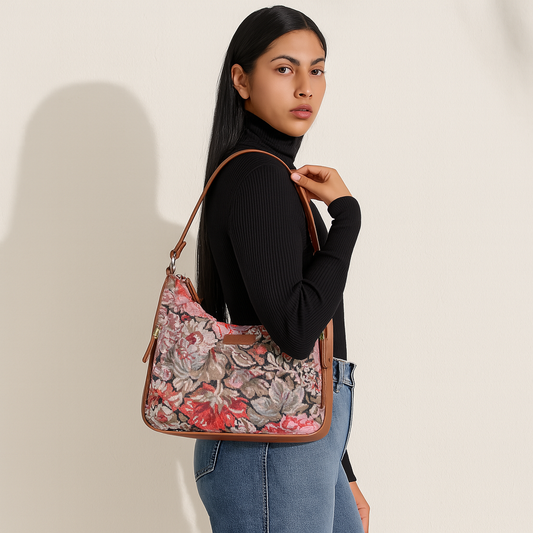 Ladies Hobo Bag in Floral Design Tapestry Fabric | Trimmed Shoulder Satchel Bag with vegan leather Strap for Everyday Use