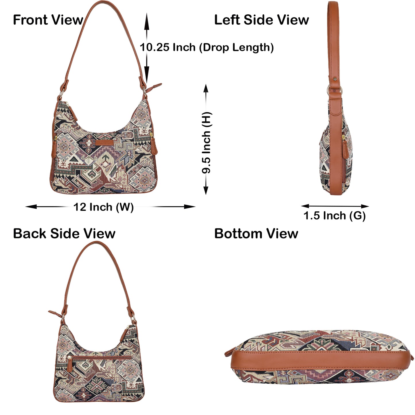 Ladies’ Geometric Tapestry Fabric Hobo Shoulder Bag – Stylish Satchel Purse with Vegan Leather Strap for Work & Casual Outings
