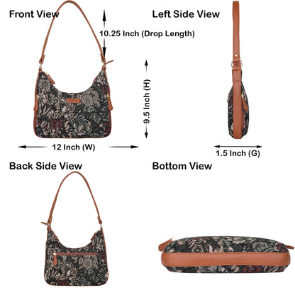 Women's Hobo Bag in Tapestry Vintage Pattern Fabric | Shoulder & Sling Purse with vegan leather Strap for Daily Use
