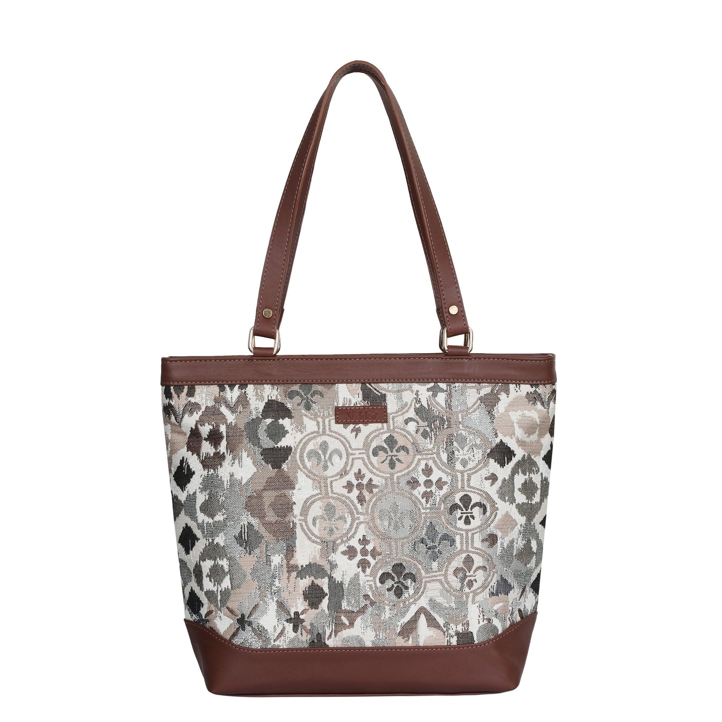 Women’s Abstract Tapestry Tote Bag –  Genuine Leather-Trimmed Top Handle Shoulder Purse for Travel & Everyday Style