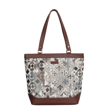 Women’s Abstract Tapestry Tote Bag –  Genuine Leather-Trimmed Top Handle Shoulder Purse for Travel & Everyday Style
