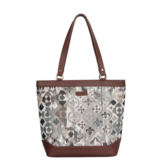 Women’s Abstract Tapestry Tote Bag –  Genuine Leather-Trimmed Top Handle Shoulder Purse for Travel & Everyday Style