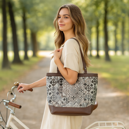 Women’s Abstract Tapestry Tote Bag –  Genuine Leather-Trimmed Top Handle Shoulder Purse for Travel & Everyday Style
