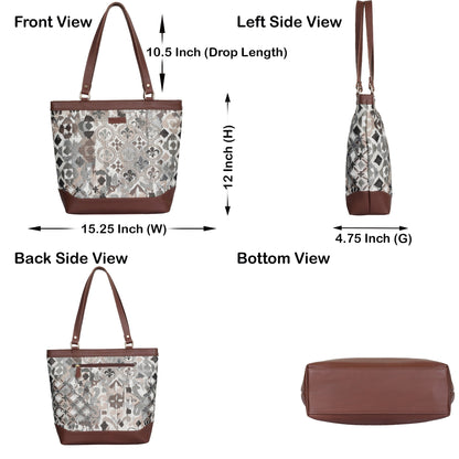 Women’s Abstract Tapestry Tote Bag –  Genuine Leather-Trimmed Top Handle Shoulder Purse for Travel & Everyday Style