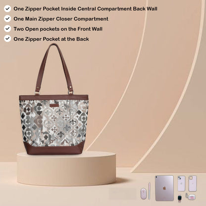 Women’s Abstract Tapestry Tote Bag –  Genuine Leather-Trimmed Top Handle Shoulder Purse for Travel & Everyday Style