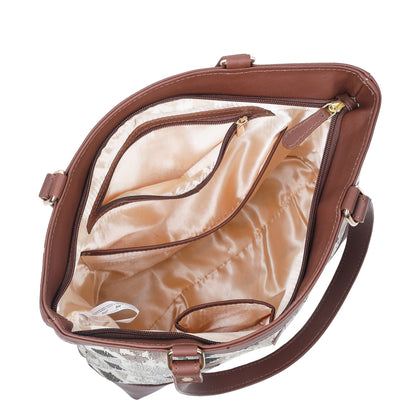 Women’s Abstract Tapestry Tote Bag –  Genuine Leather-Trimmed Top Handle Shoulder Purse for Travel & Everyday Style
