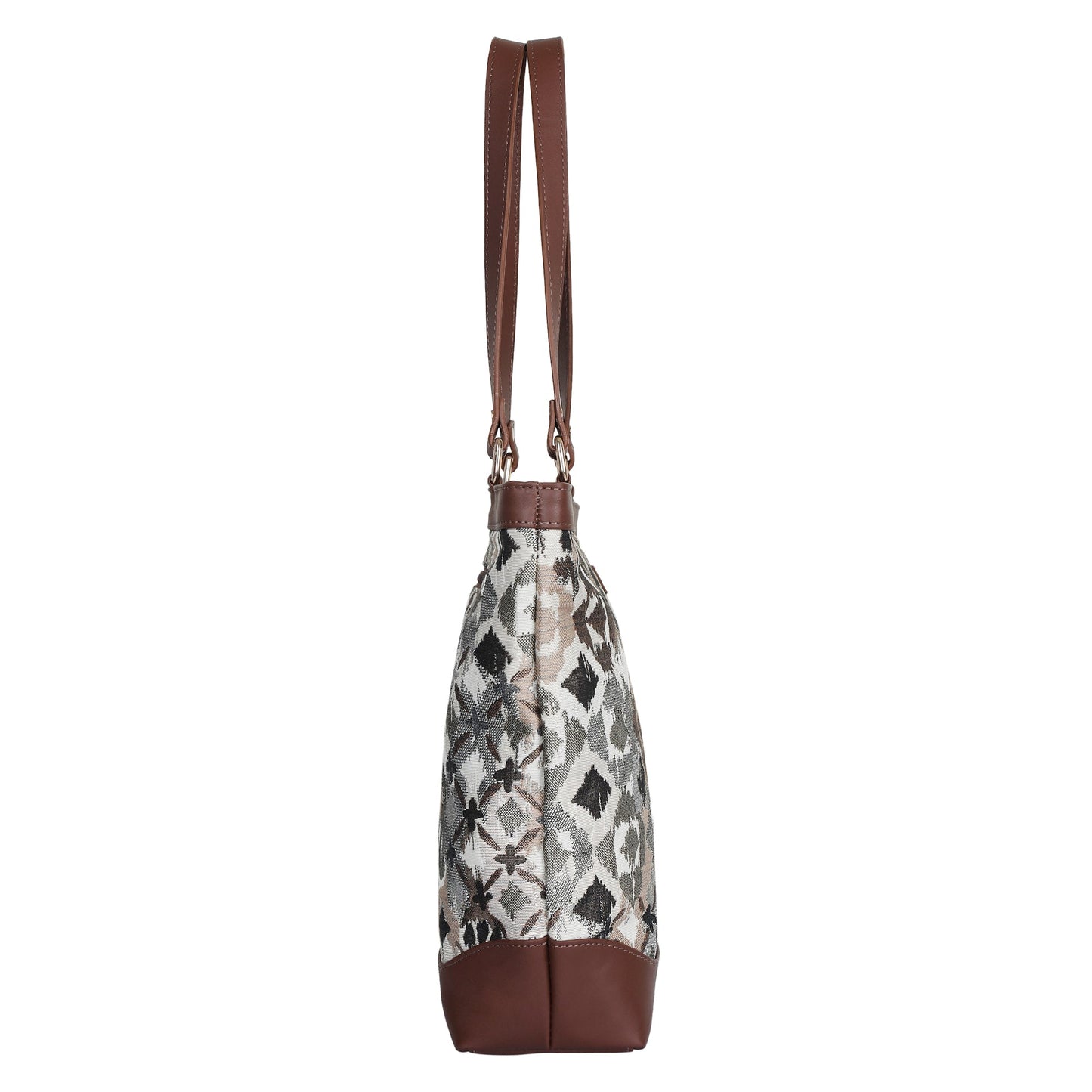 Women’s Abstract Tapestry Tote Bag –  Genuine Leather-Trimmed Top Handle Shoulder Purse for Travel & Everyday Style