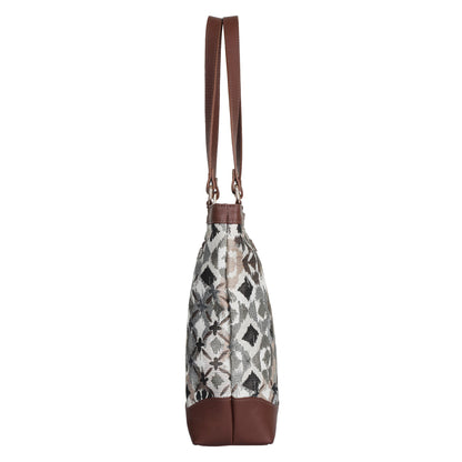 Women’s Abstract Tapestry Tote Bag –  Genuine Leather-Trimmed Top Handle Shoulder Purse for Travel & Everyday Style