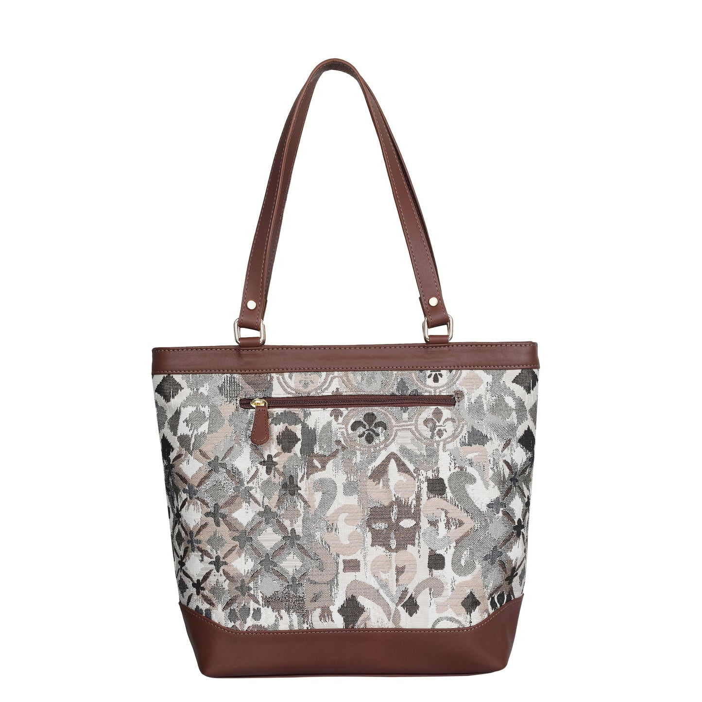 Women’s Abstract Tapestry Tote Bag –  Genuine Leather-Trimmed Top Handle Shoulder Purse for Travel & Everyday Style