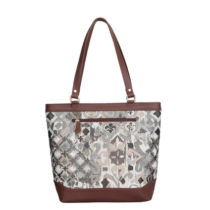 Women’s Abstract Tapestry Tote Bag –  Genuine Leather-Trimmed Top Handle Shoulder Purse for Travel & Everyday Style