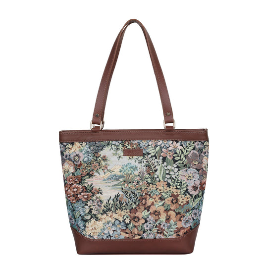 Women’s Botanical Tapestry Tote Bag – Stylish Top Handle Handbag with Genuine Trim Leather  for Office & Travel