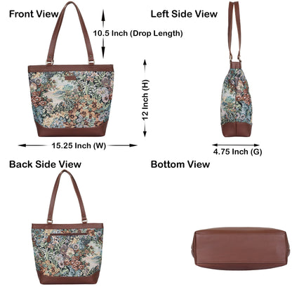Women’s Botanical Tapestry Tote Bag – Stylish Top Handle Handbag with Genuine Trim Leather  for Office & Travel
