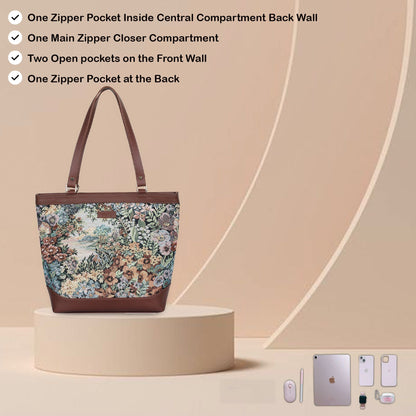 Women’s Botanical Tapestry Tote Bag – Stylish Top Handle Handbag with Genuine Trim Leather  for Office & Travel