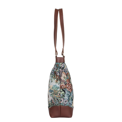 Women’s Botanical Tapestry Tote Bag – Stylish Top Handle Handbag with Genuine Trim Leather  for Office & Travel