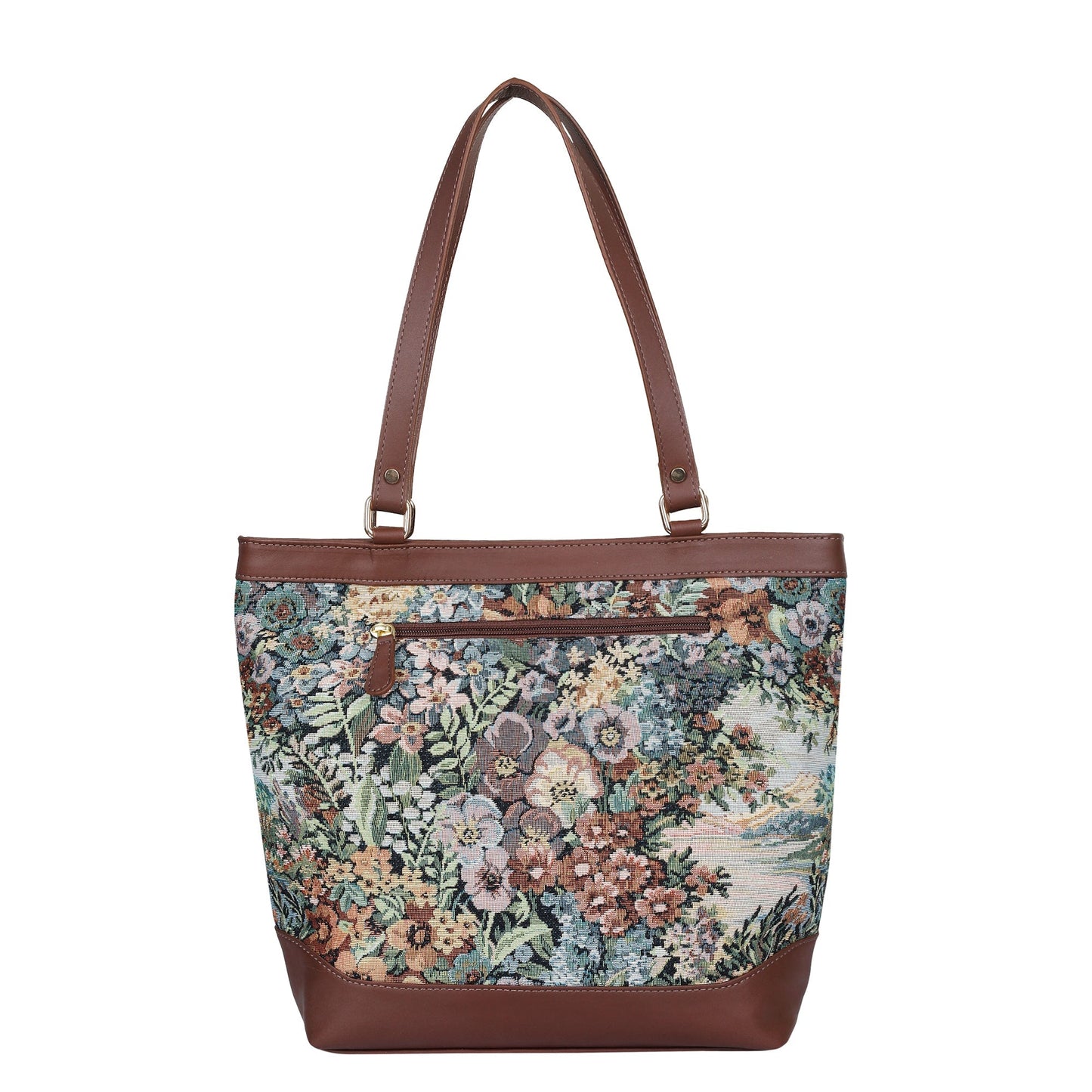 Women’s Botanical Tapestry Tote Bag – Stylish Top Handle Handbag with Genuine Trim Leather  for Office & Travel