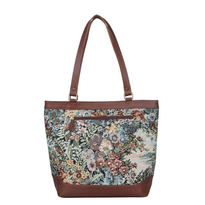 Women’s Botanical Tapestry Tote Bag – Stylish Top Handle Handbag with Genuine Trim Leather  for Office & Travel