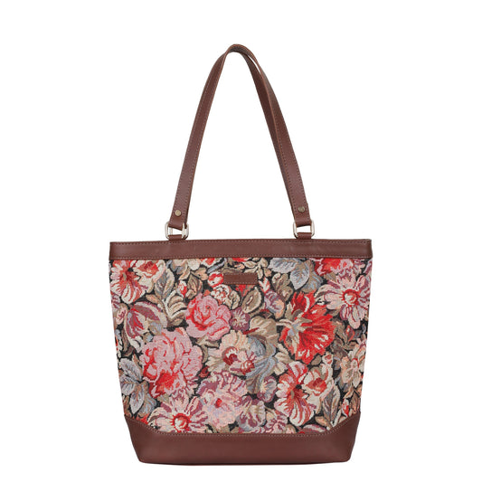 Women’s Floral Tapestry Tote Bag – Genuine Leather-Trimmed Shoulder Handbag with Top Handle for Daily Use
