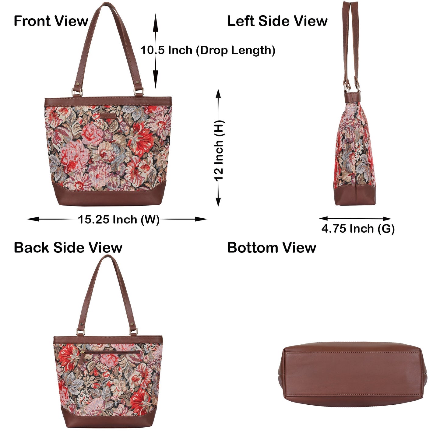 Women’s Floral Tapestry Tote Bag – Genuine Leather-Trimmed Shoulder Handbag with Top Handle for Daily Use