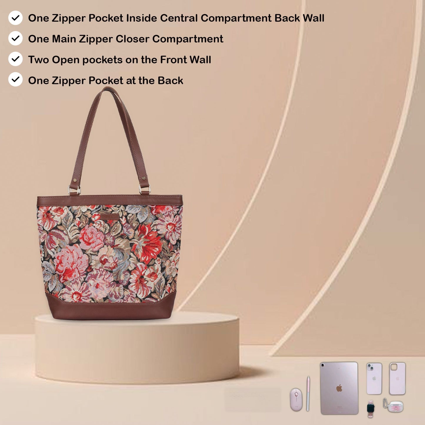 Women’s Floral Tapestry Tote Bag – Genuine Leather-Trimmed Shoulder Handbag with Top Handle for Daily Use