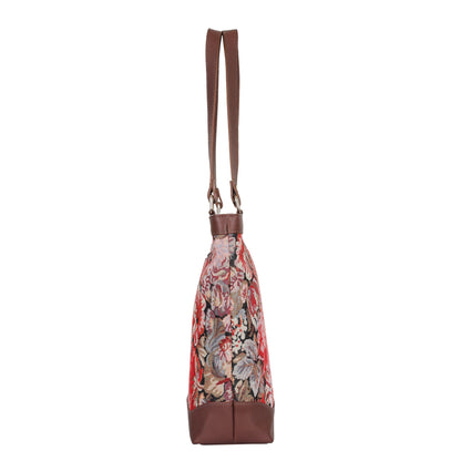 Women’s Floral Tapestry Tote Bag – Genuine Leather-Trimmed Shoulder Handbag with Top Handle for Daily Use