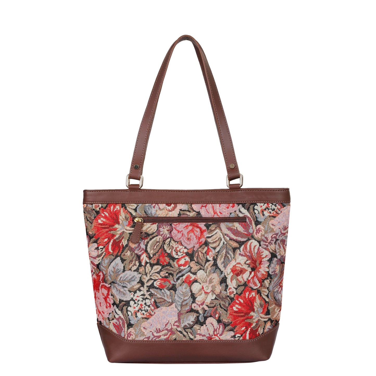 Women’s Floral Tapestry Tote Bag – Genuine Leather-Trimmed Shoulder Handbag with Top Handle for Daily Use