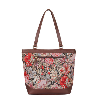 Women’s Floral Tapestry Tote Bag – Genuine Leather-Trimmed Shoulder Handbag with Top Handle for Daily Use