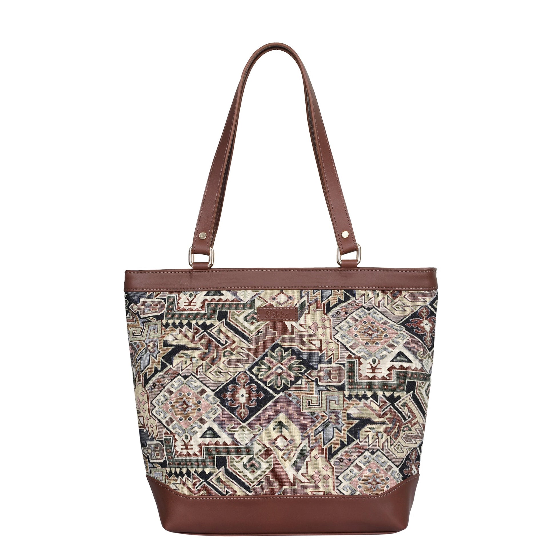 Women's geometric tapestry shoulder tote bag with genuine leather handles for work, office, travel, shopping, commuting, weekend outings, and everyday use