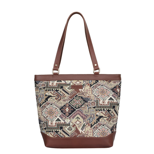 Women’s Geometric Tapestry Tote Bag – Genuine Leather-Trimmed Shoulder Purse with Top Handle