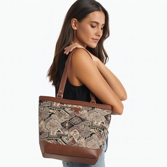 Women’s Geometric Tapestry Tote Bag – Genuine Leather-Trimmed Shoulder Purse with Top Handle