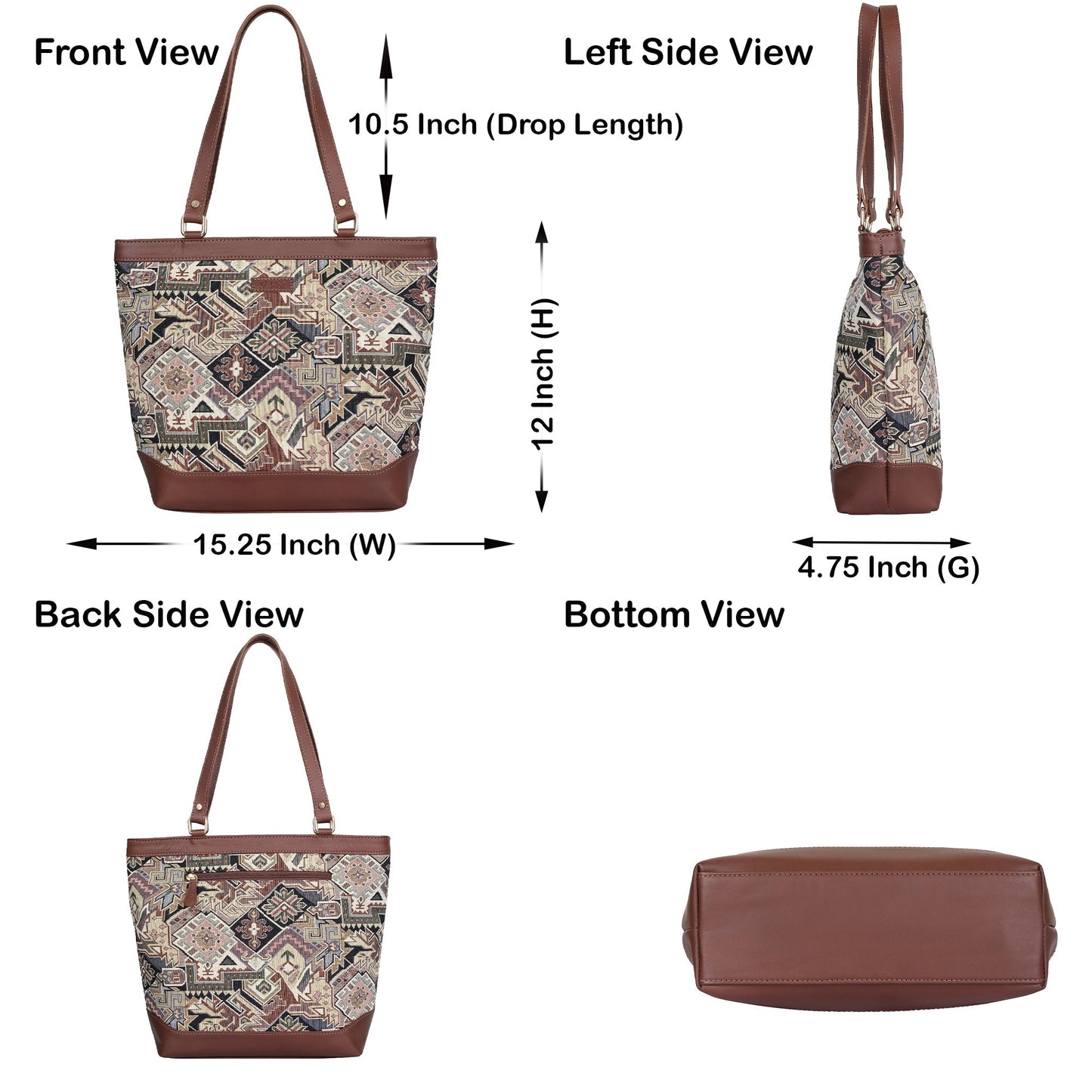 Women’s Geometric Tapestry Tote Bag – Genuine Leather-Trimmed Shoulder Purse with Top Handle