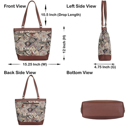 Women’s Geometric Tapestry Tote Bag – Genuine Leather-Trimmed Shoulder Purse with Top Handle