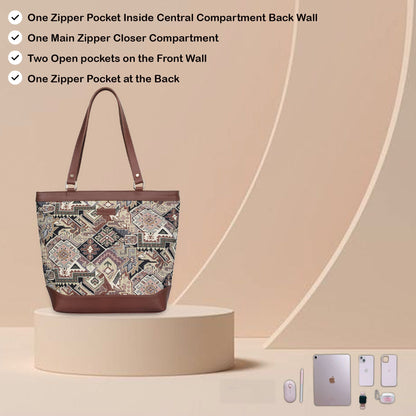 Women’s Geometric Tapestry Tote Bag – Genuine Leather-Trimmed Shoulder Purse with Top Handle