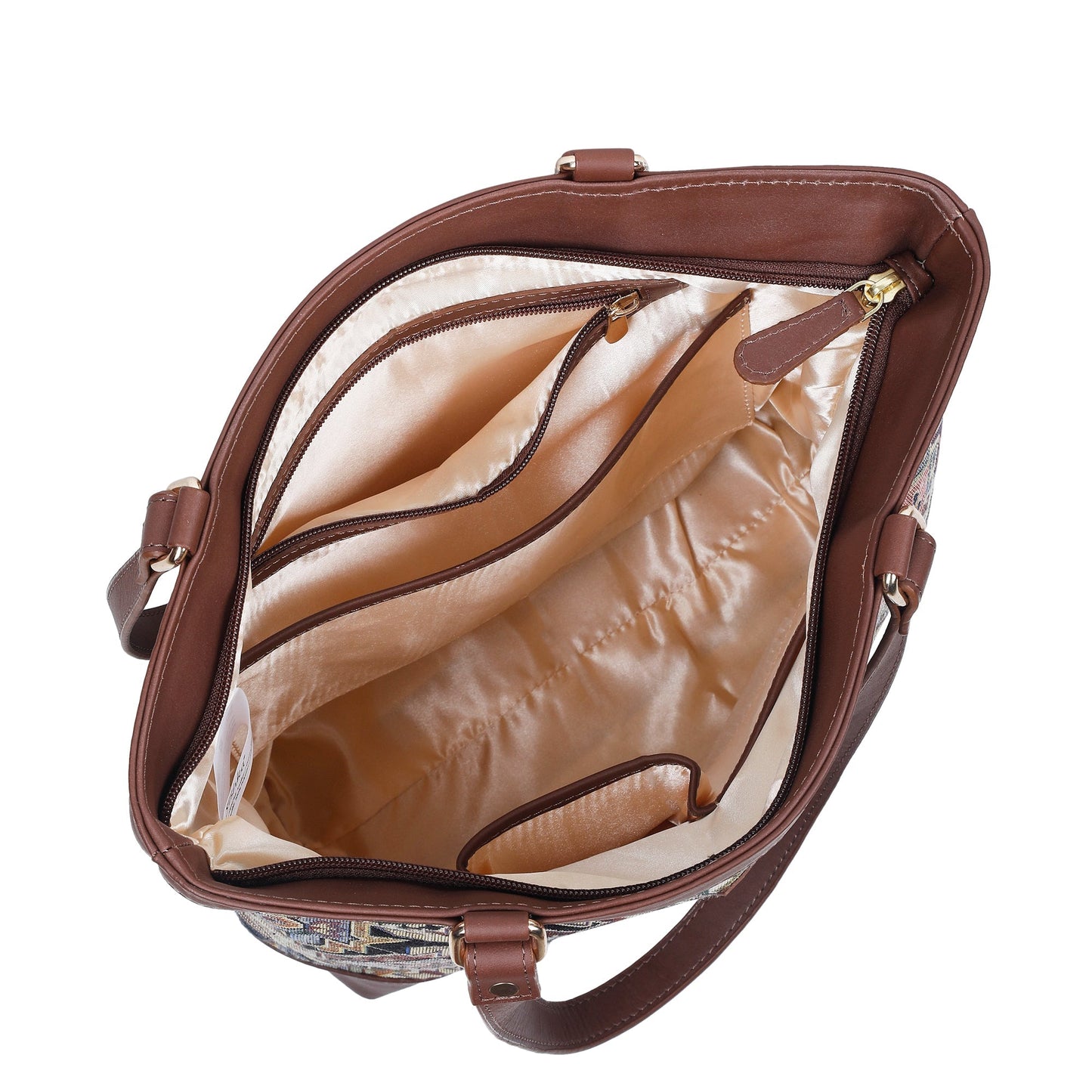 Women’s Geometric Tapestry Tote Bag – Genuine Leather-Trimmed Shoulder Purse with Top Handle