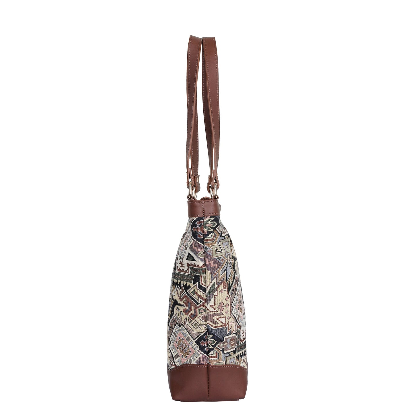 Women’s Geometric Tapestry Tote Bag – Genuine Leather-Trimmed Shoulder Purse with Top Handle